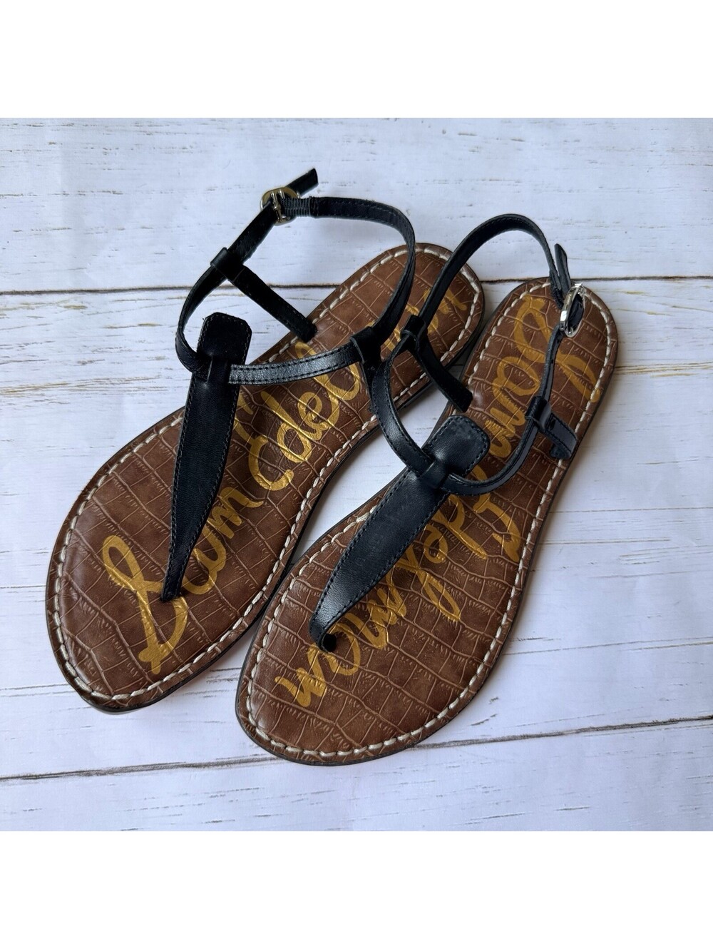 Sam Edelman Women Gigi Sandal Size 6.5 Black Leather Thong Slingback T-Strap